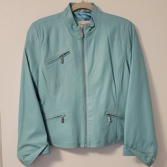 ❣️HP❣️ Pamela McCoy 100% leather aqua full zip satin lined jacket sz: M NWOT - Picture 4 of 12